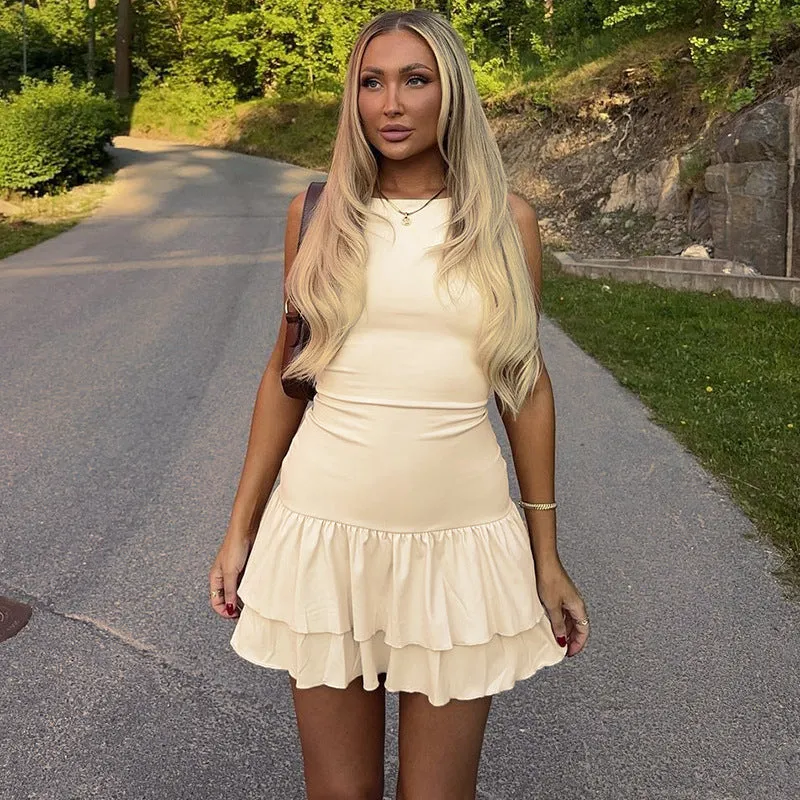 Amozae hoco dresses New Pure Color Hot Girl Short Skirt Sleeveless Skirt High Sense Y2g Cake Dress