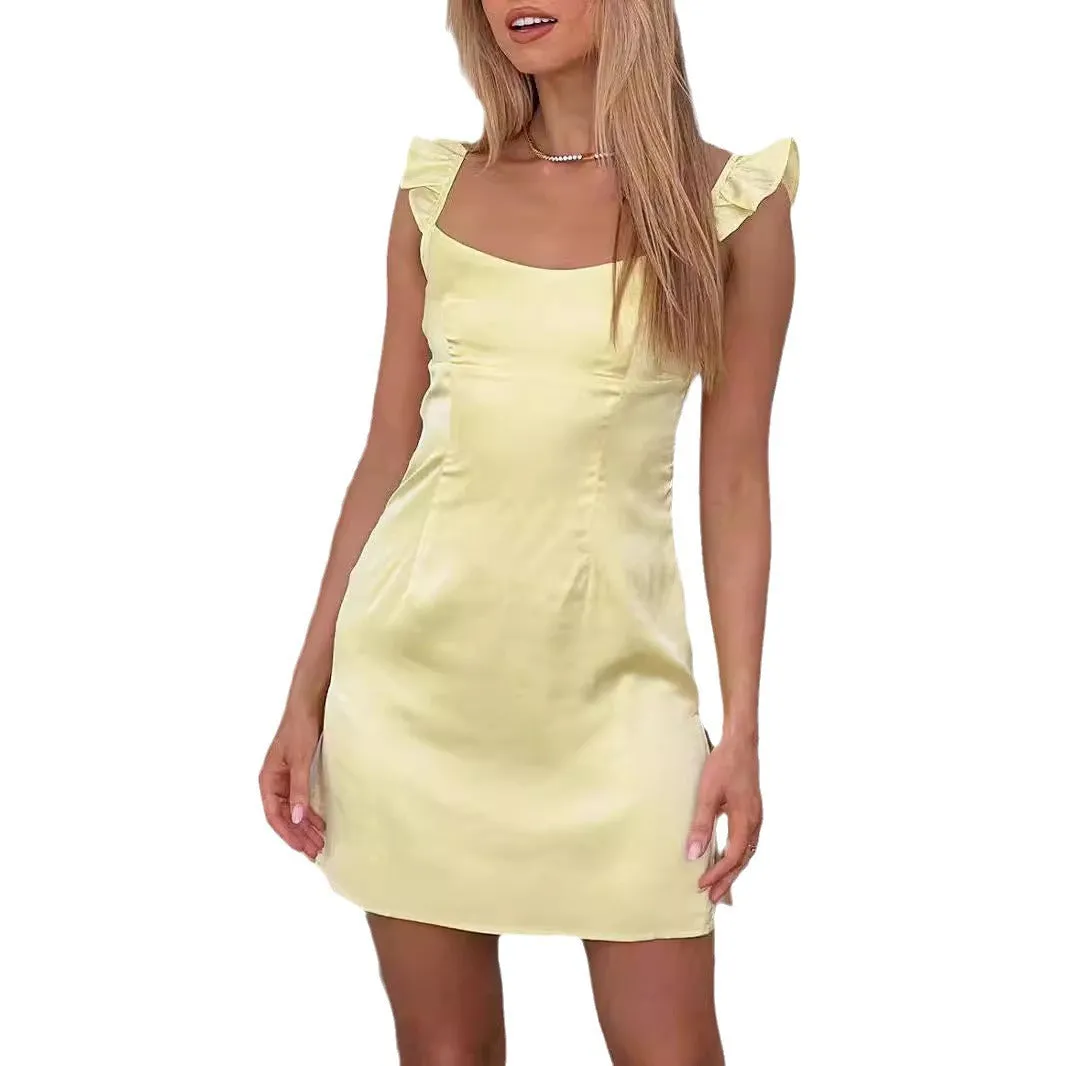 Amozae homecoming dresses Fashion Item Solid Color Satin Mini Ruffled Shoulder Strap Sleeveless Dress Satin Skirt