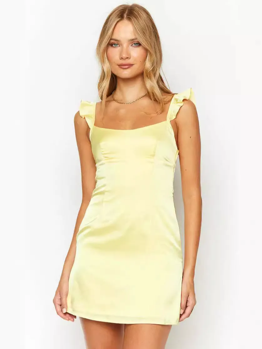 Amozae homecoming dresses Fashion Item Solid Color Satin Mini Ruffled Shoulder Strap Sleeveless Dress Satin Skirt