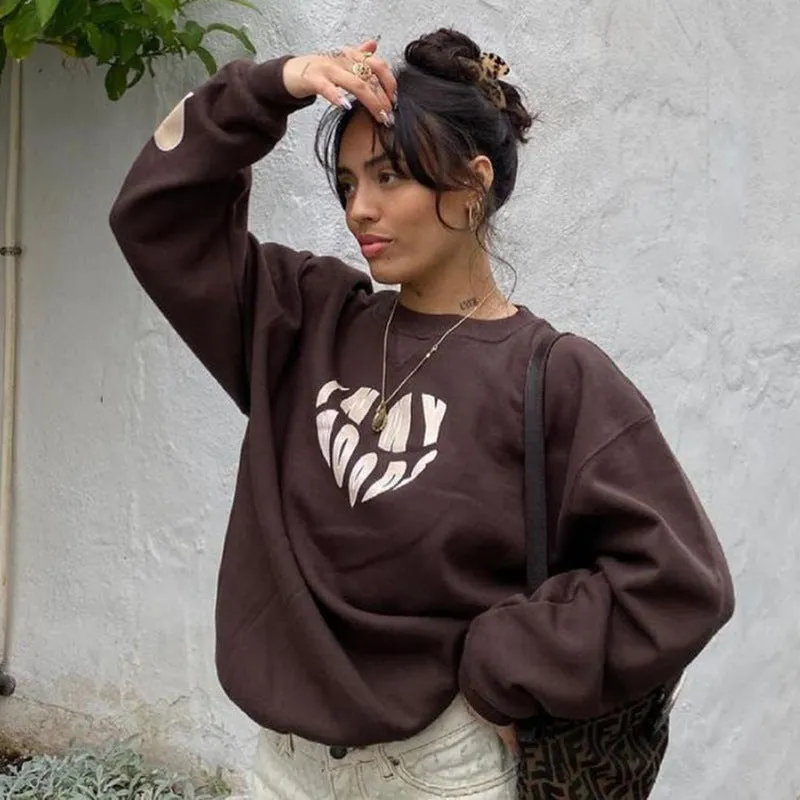 Amozae outfit ideas 2024 Autumn and Winter New Women's Love Printed Pullover Casual Sweater Women's All-Match Long-Sleeved Top