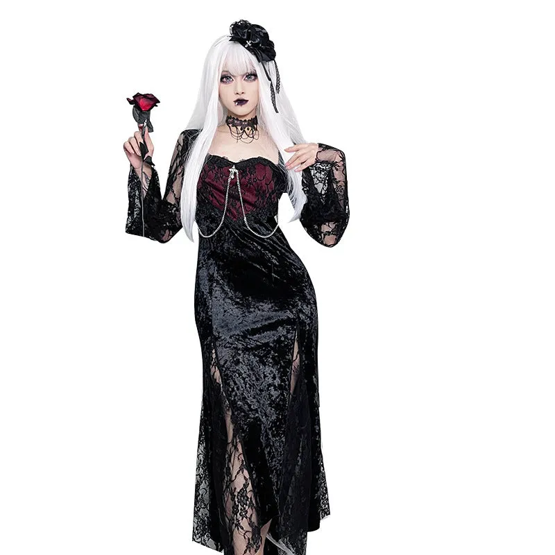 Amozae pretty halloween costumes Cf166 Stitching Dark Style Dress New Sexy Slim-Fit Sheath Split Lace Sleeve Characteristic Dress