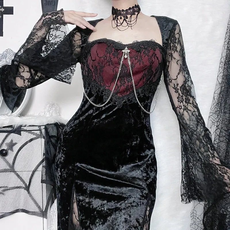 Amozae pretty halloween costumes Cf166 Stitching Dark Style Dress New Sexy Slim-Fit Sheath Split Lace Sleeve Characteristic Dress