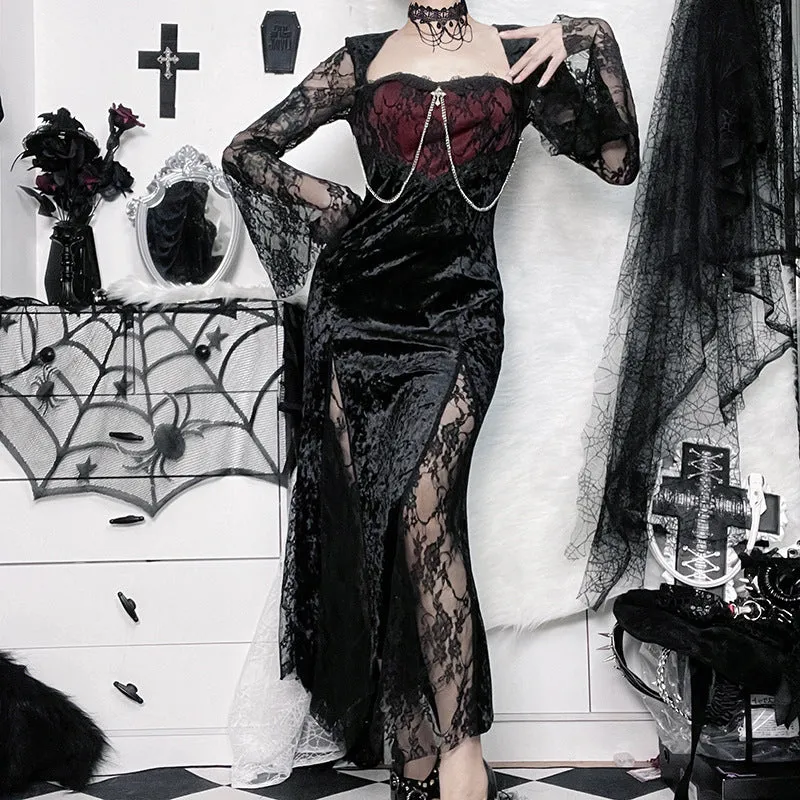 Amozae pretty halloween costumes Cf166 Stitching Dark Style Dress New Sexy Slim-Fit Sheath Split Lace Sleeve Characteristic Dress