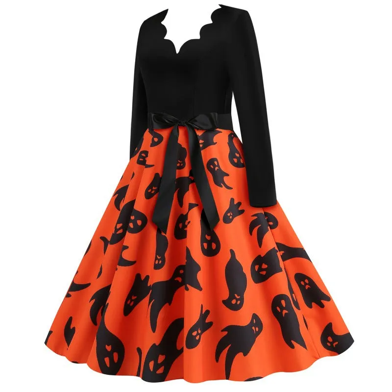 Amozae pretty halloween costumes Hot Sale Hepburn Vintage Halloween Printed V-neck Stitching Long Sleeve Large Swing Dress Free Ribbon
