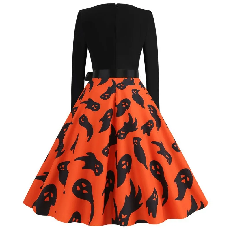 Amozae pretty halloween costumes Hot Sale Hepburn Vintage Halloween Printed V-neck Stitching Long Sleeve Large Swing Dress Free Ribbon