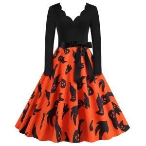 Amozae pretty halloween costumes Hot Sale Hepburn Vintage Halloween Printed V-neck Stitching Long Sleeve Large Swing Dress Free Ribbon