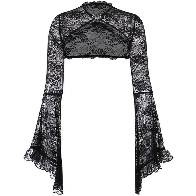 Amozae pretty halloween costumes JY1 Women's Autumn and Winter New Bell Sleeve Sexy Lace Hollow Cheongsam Buckle Blouse