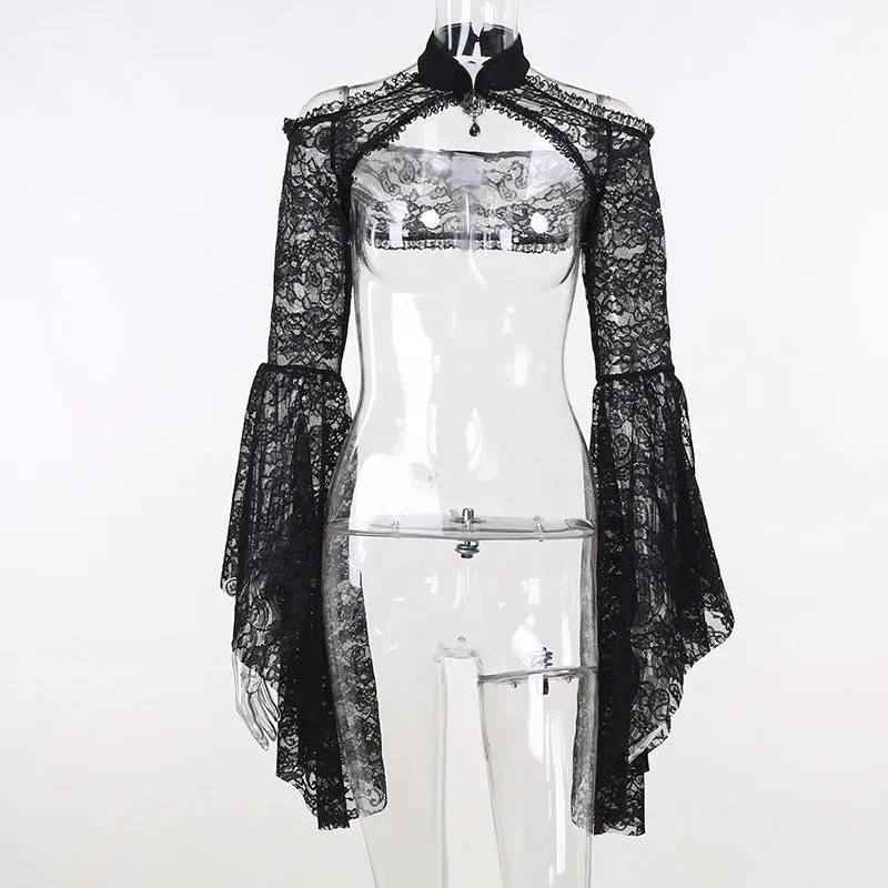 Amozae pretty halloween costumes Wy050 Summer 2024 New Dark Fashion Slim Fit All-Match Waistcoat Princess Sleeve Lace Top for Women