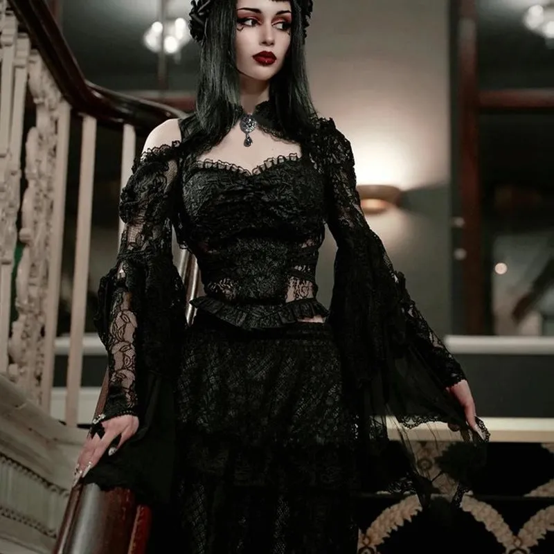 Amozae pretty halloween costumes Wy050 Summer 2024 New Dark Fashion Slim Fit All-Match Waistcoat Princess Sleeve Lace Top for Women