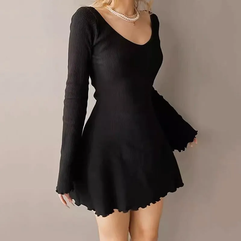 Amozae winter outfits men Cotton Rib High Quality Tight-Edged Short Skirt Autumn Fashion Sexy V-neck Long Sleeve Waist Slimming A- line Bottoming Dress