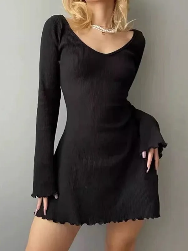 Amozae winter outfits men Cotton Rib High Quality Tight-Edged Short Skirt Autumn Fashion Sexy V-neck Long Sleeve Waist Slimming A- line Bottoming Dress