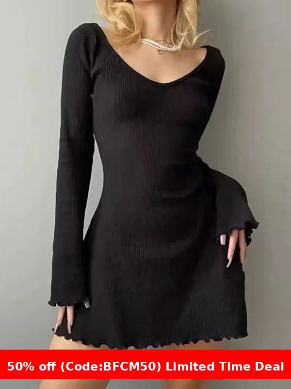 Amozae winter outfits men Cotton Rib High Quality Tight-Edged Short Skirt Autumn Fashion Sexy V-neck Long Sleeve Waist Slimming A- line Bottoming Dress