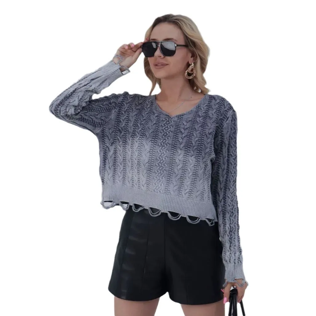 Amozae winter outfits men Distressed Gradient Cut Rotten Woolen Top Autumn and Winter Fashion Loose Thick Needle Woolen Pullover High-Grade