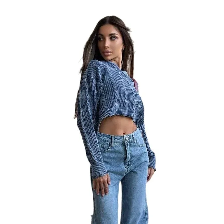 Amozae winter outfits men Sexy Short Exposed Navel Broken Style Pullover Sweater Autumn and Winter Twist Woven Street Fashion Sweater