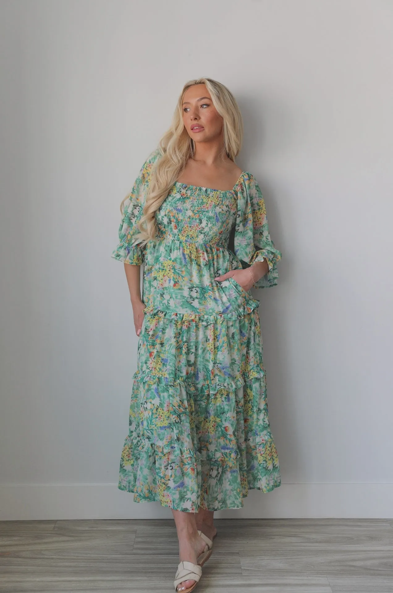 Andrea Green Floral Midi Dress