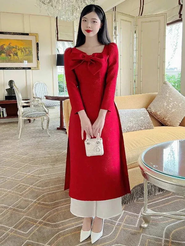 Ao Dai Vietnam Red Modern Ao Dai Dress Includes One Ao Dai Top And Pants