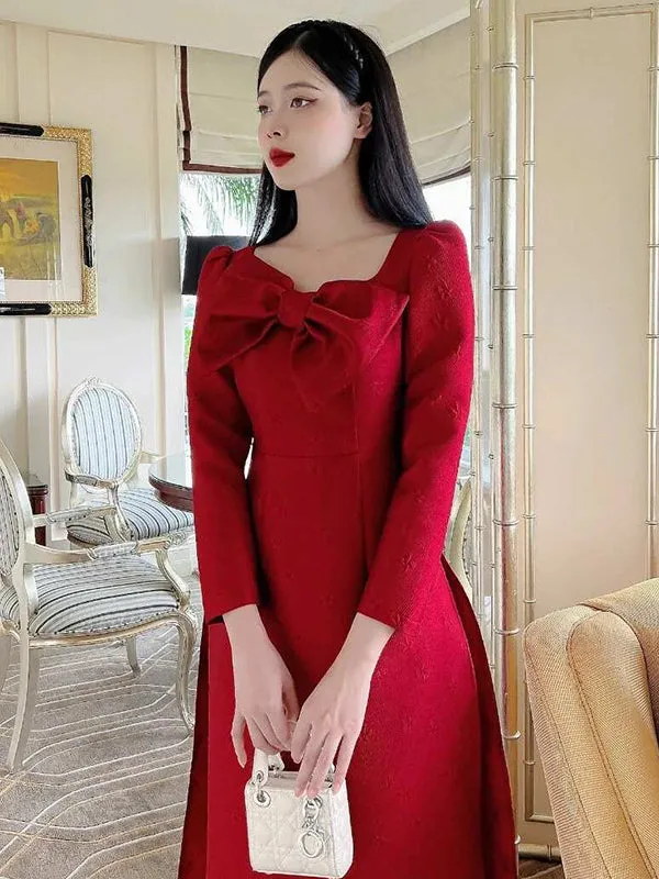 Ao Dai Vietnam Red Modern Ao Dai Dress Includes One Ao Dai Top And Pants