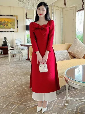 Ao Dai Vietnam Red Modern Ao Dai Dress Includes One Ao Dai Top And Pants