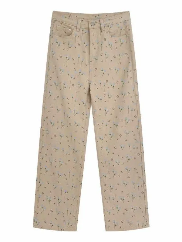 Apricot Floral Jeans Women Loose Wide-leg Straight Trousers