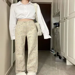 Apricot Floral Jeans Women Loose Wide-leg Straight Trousers