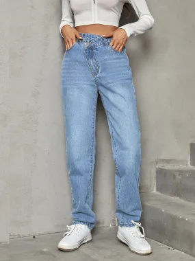 Asymmetrical Straight Leg Jeans New women's Fashion High Waist Cotton Jeans Premium KESLEY