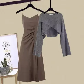 Autumn/Winter New Dress Matching Set Women's Knit Sweater Sling Skirt Two Piece Elegant Pullover Suit