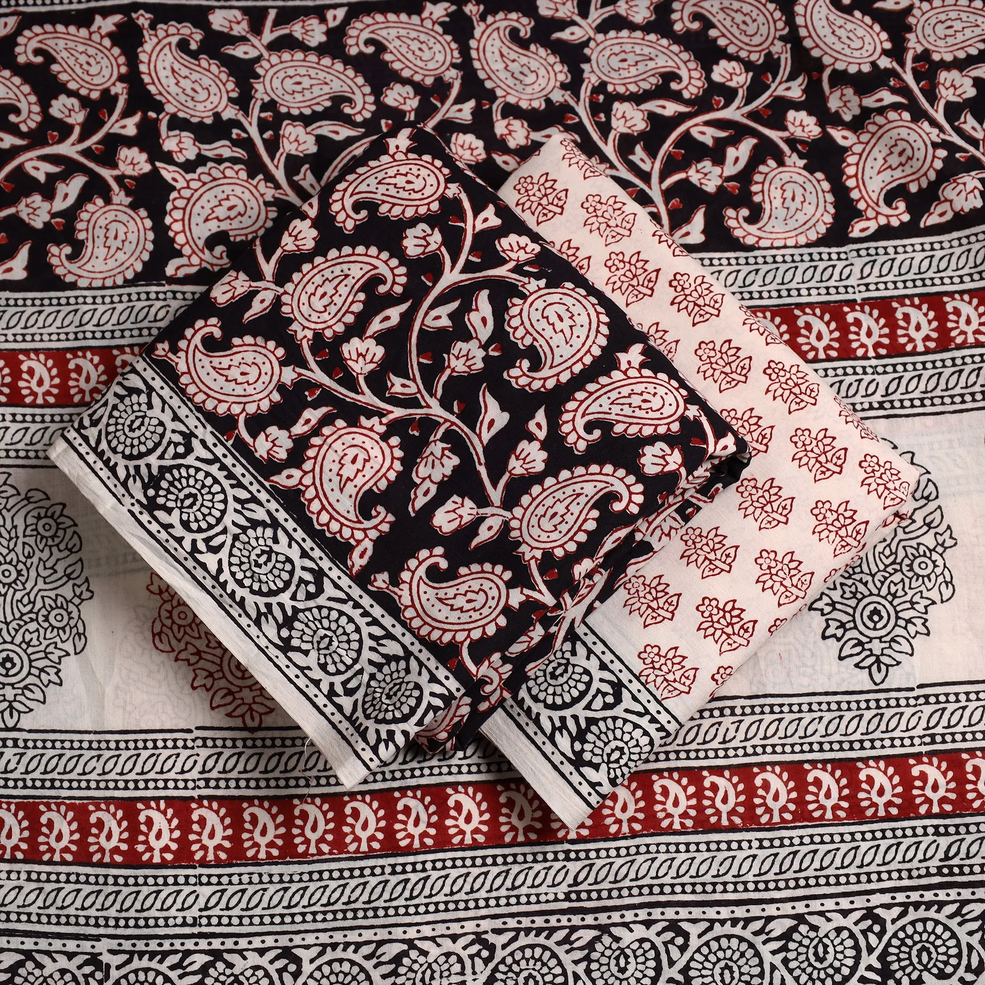 Black - 3pc Bagh Block Printed Cotton Suit Material Set