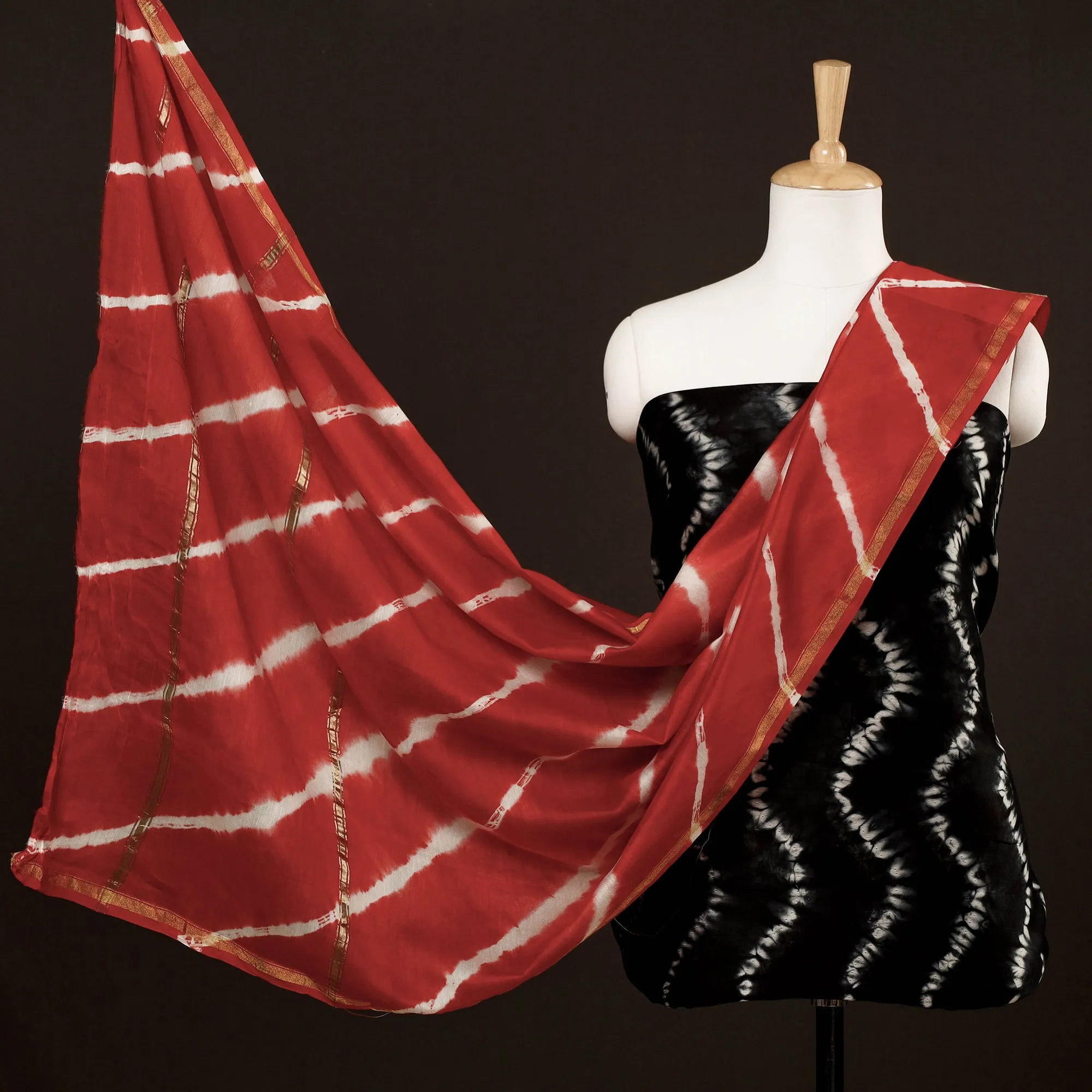 Black - 3pc Black & Red Miura Shibori Tie-Dye Chanderi Silk Suit Material Set