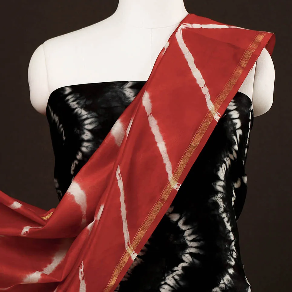 Black - 3pc Black & Red Miura Shibori Tie-Dye Chanderi Silk Suit Material Set