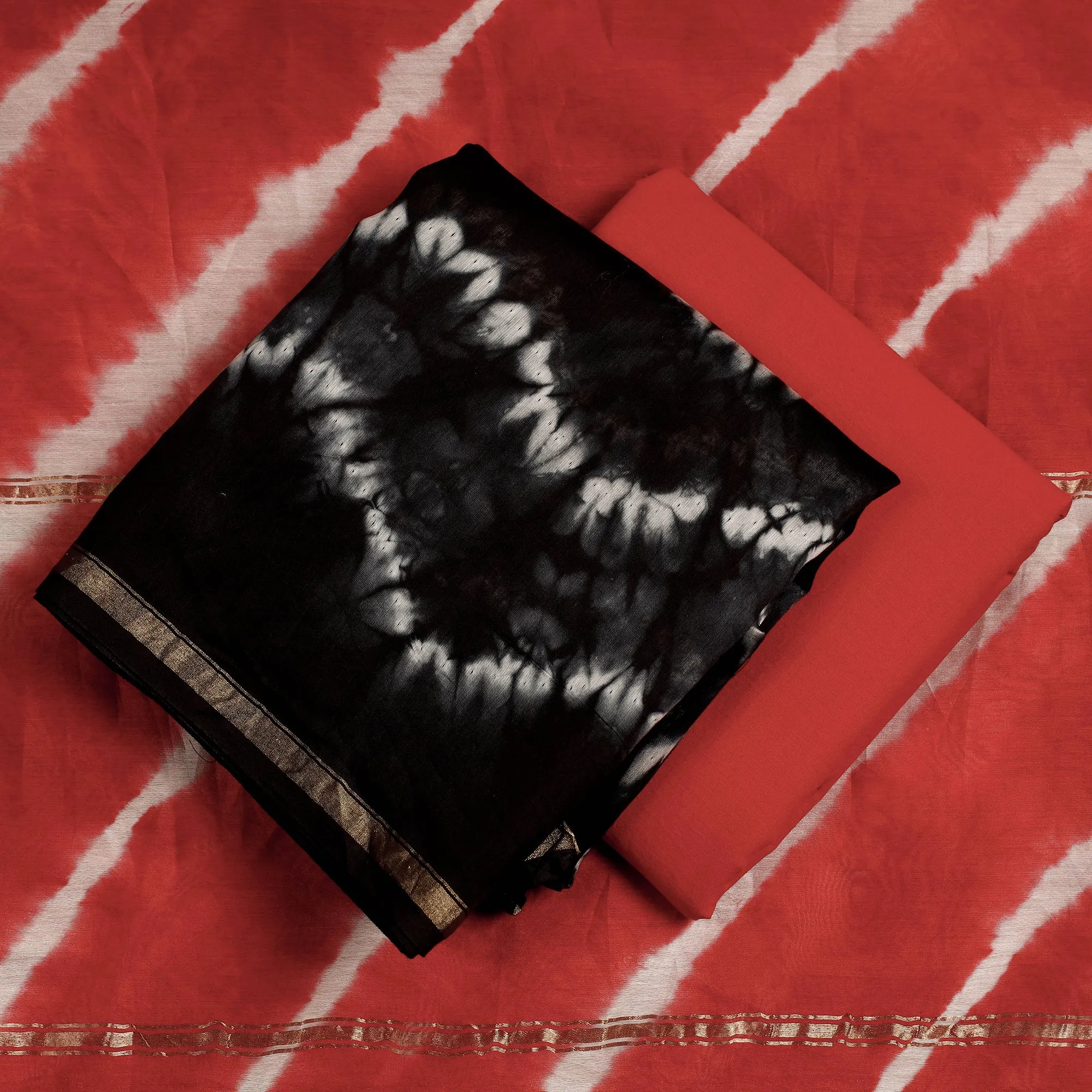 Black - 3pc Black & Red Miura Shibori Tie-Dye Chanderi Silk Suit Material Set