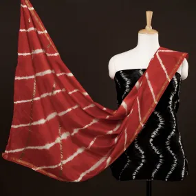 Black - 3pc Black & Red Miura Shibori Tie-Dye Chanderi Silk Suit Material Set