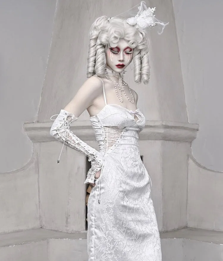 [blood supply]Frost Queen Silver White Strappy Maxi Dress