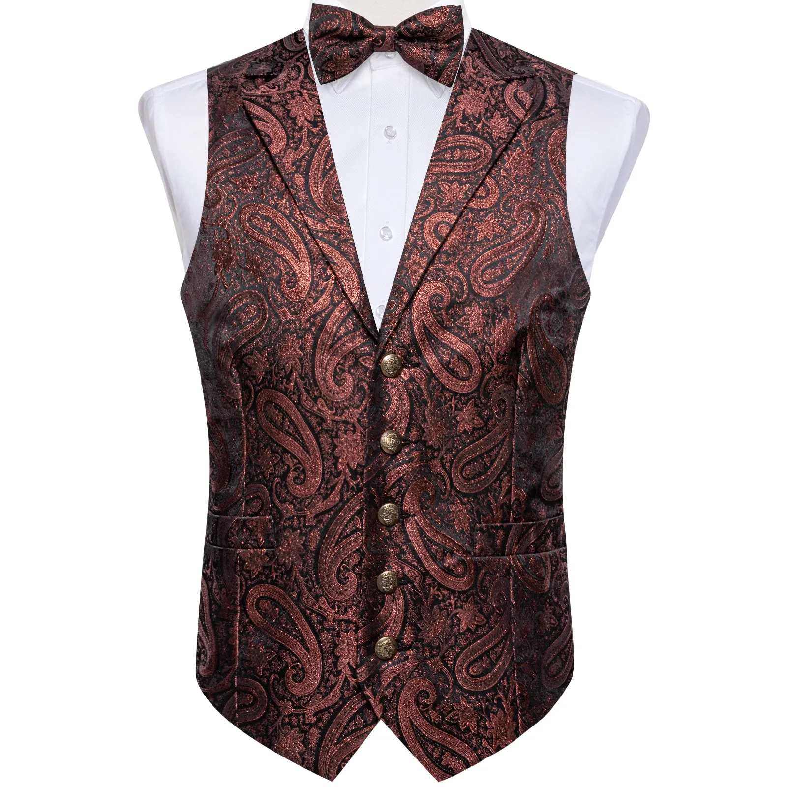 Brown Red Paisley Jacquard Silk Men's Collar Vest Bow Tie Handkerchief Cufflinks Set
