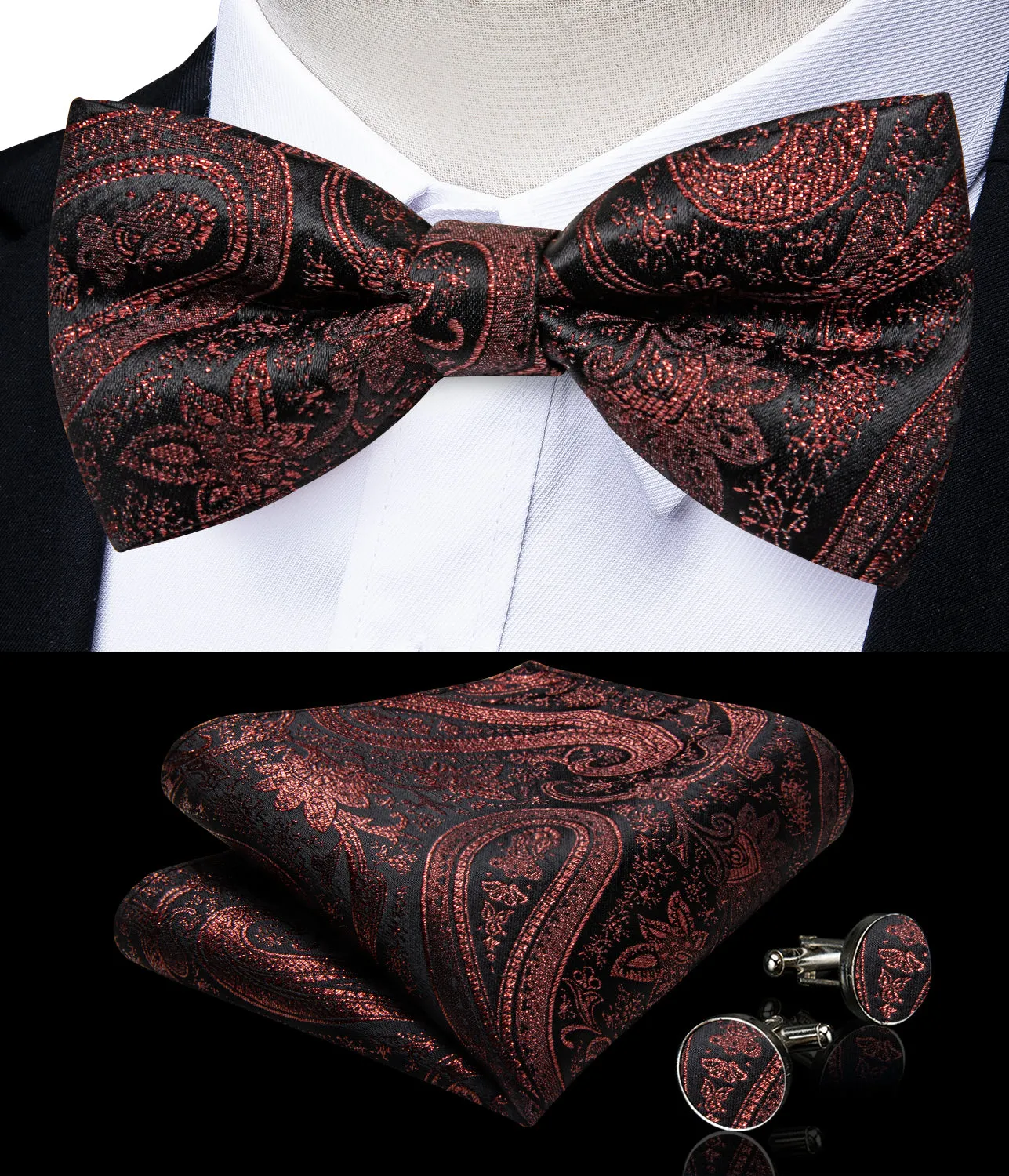 Brown Red Paisley Jacquard Silk Men's Collar Vest Bow Tie Handkerchief Cufflinks Set