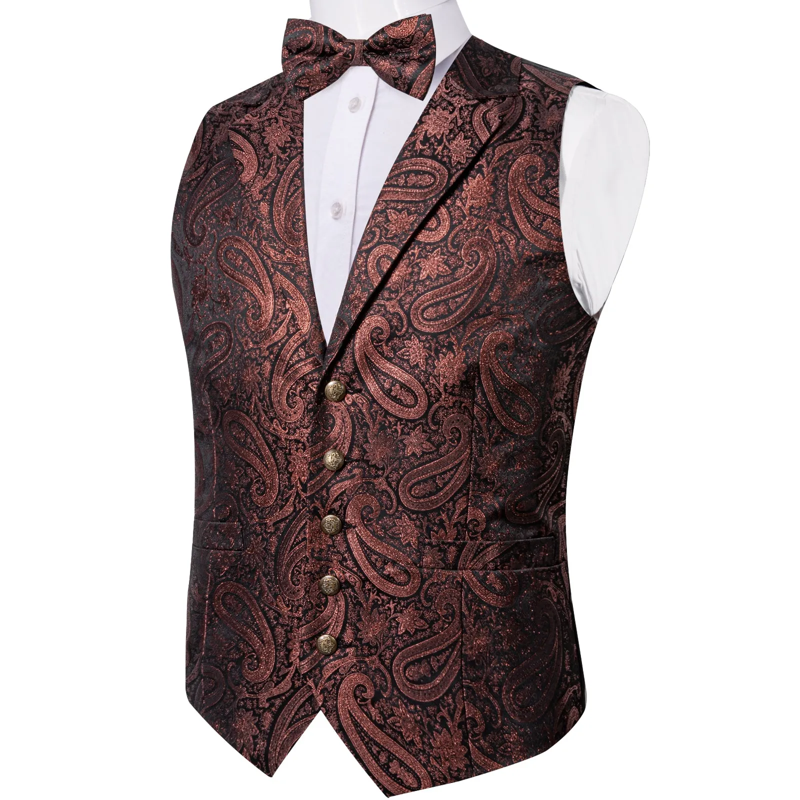 Brown Red Paisley Jacquard Silk Men's Collar Vest Bow Tie Handkerchief Cufflinks Set