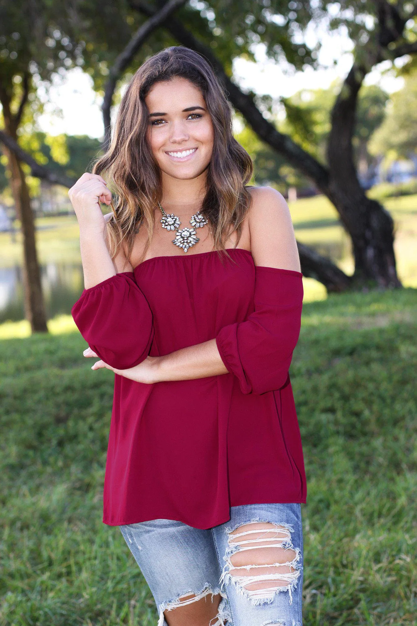 Burgundy Off Shoulder Top