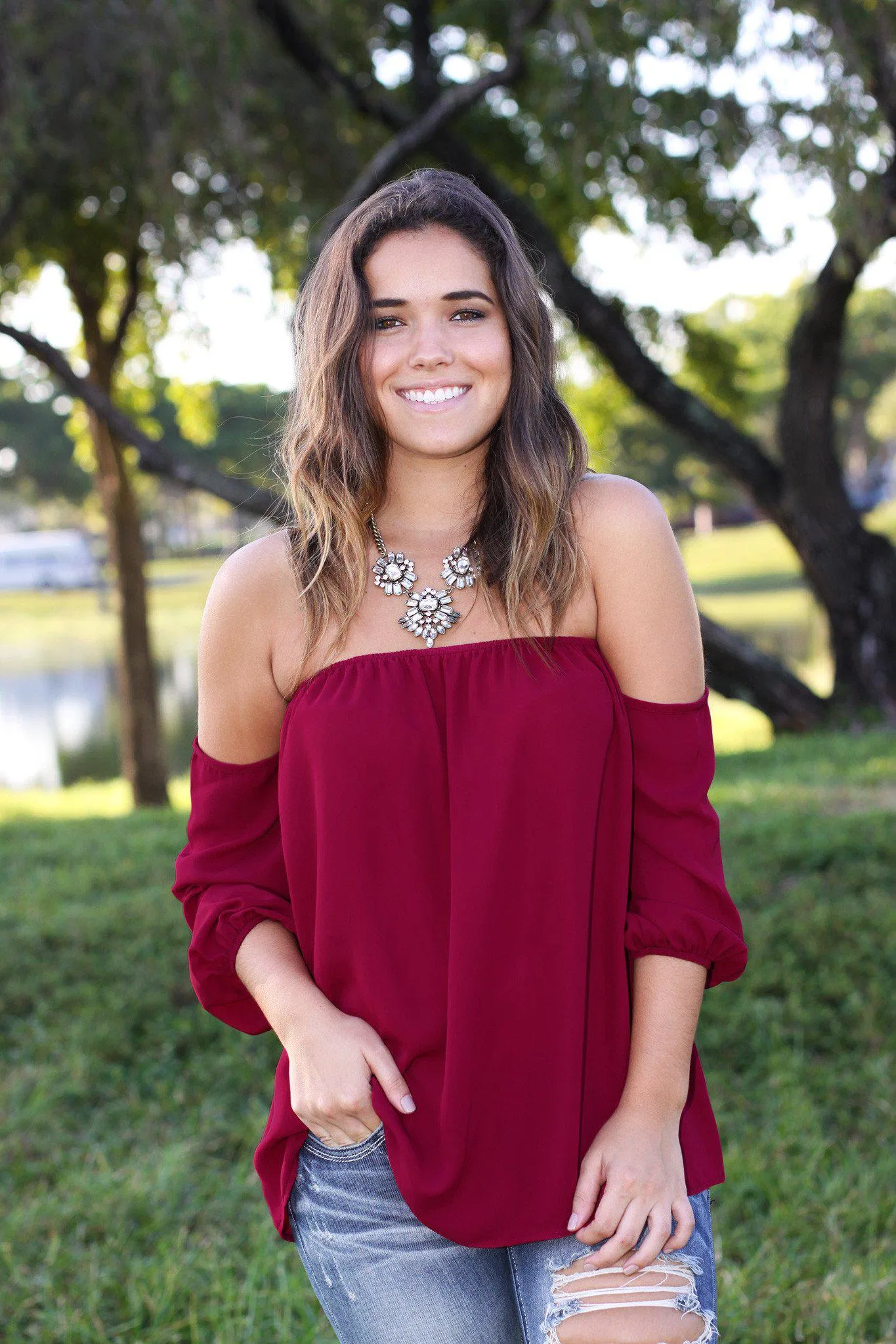 Burgundy Off Shoulder Top