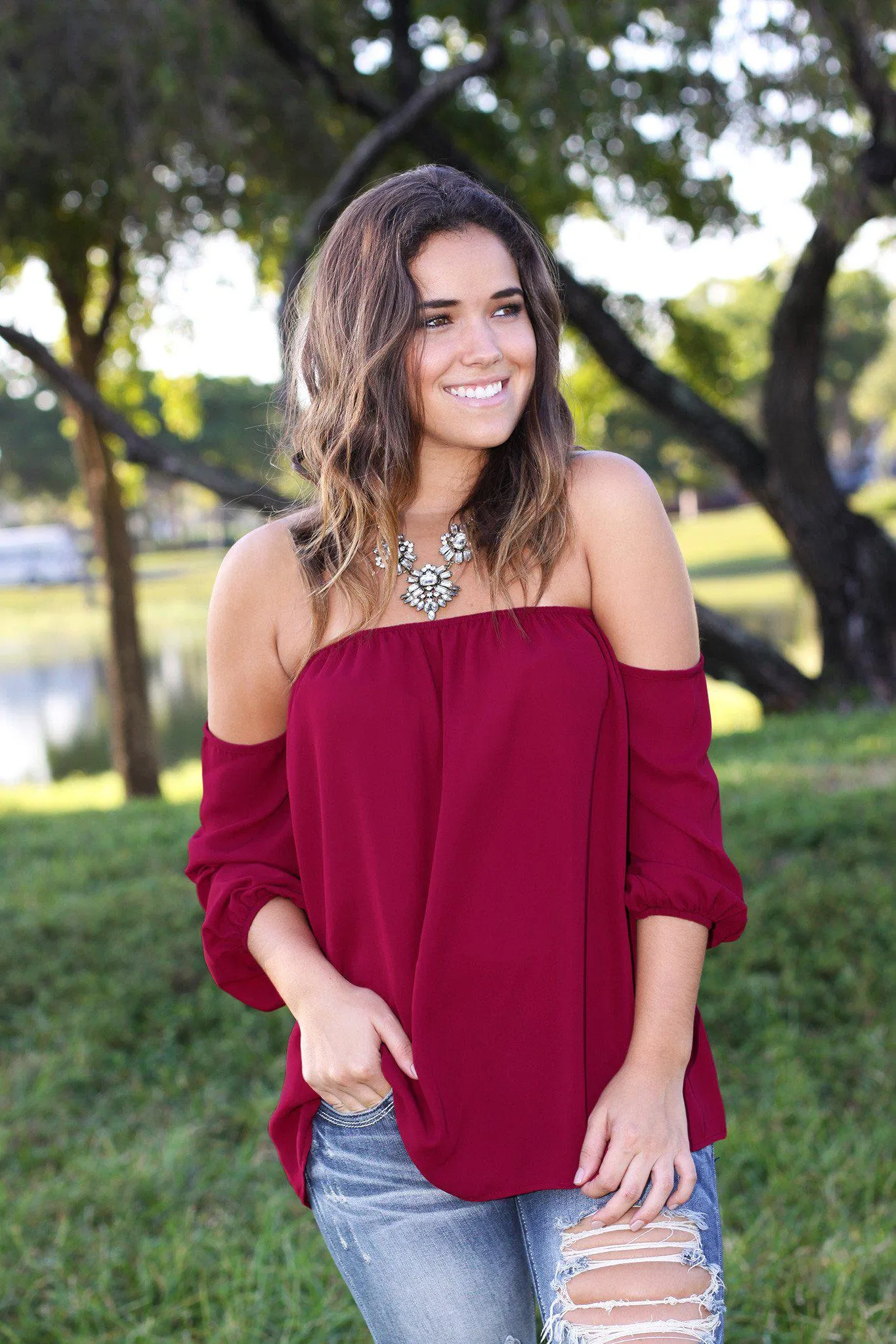 Burgundy Off Shoulder Top