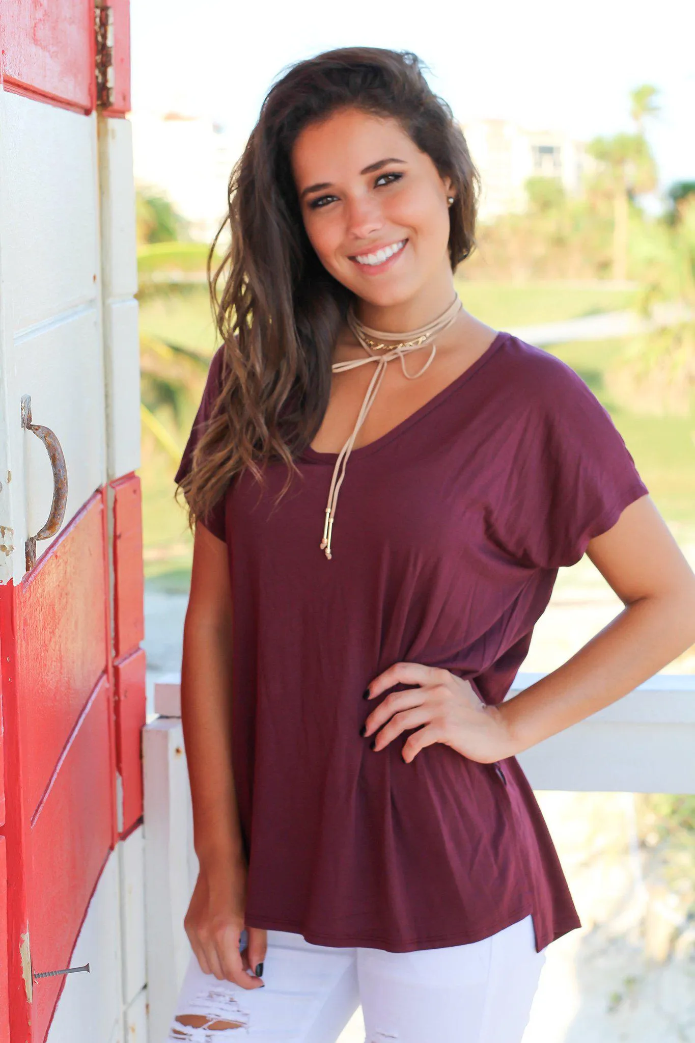 Burgundy Short Sleeve V-Neck Top