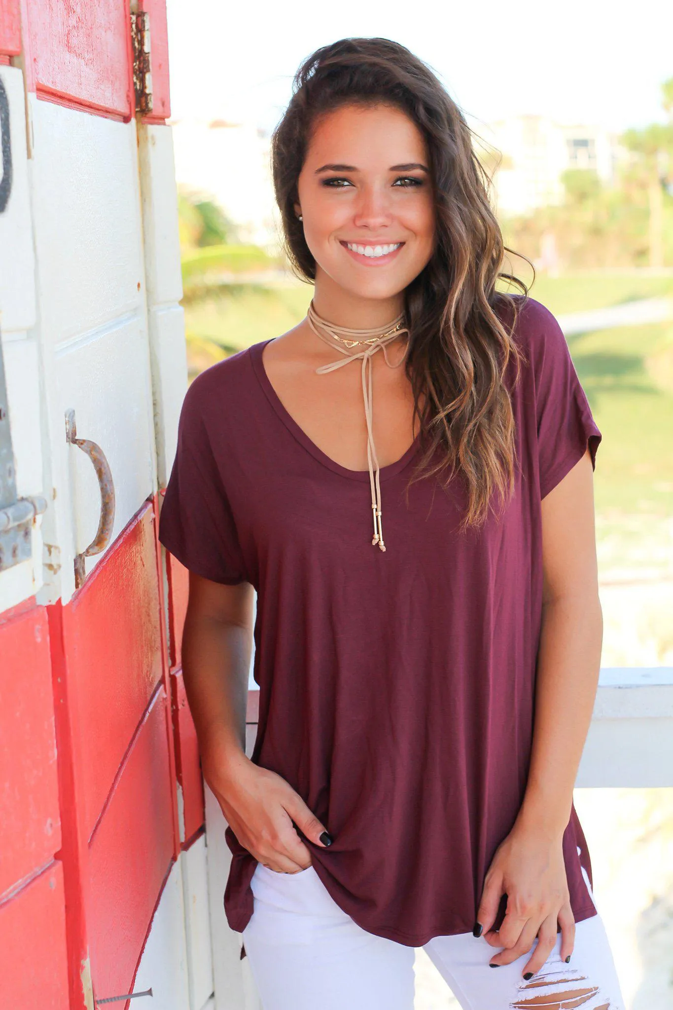 Burgundy Short Sleeve V-Neck Top