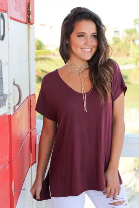 Burgundy Short Sleeve V-Neck Top