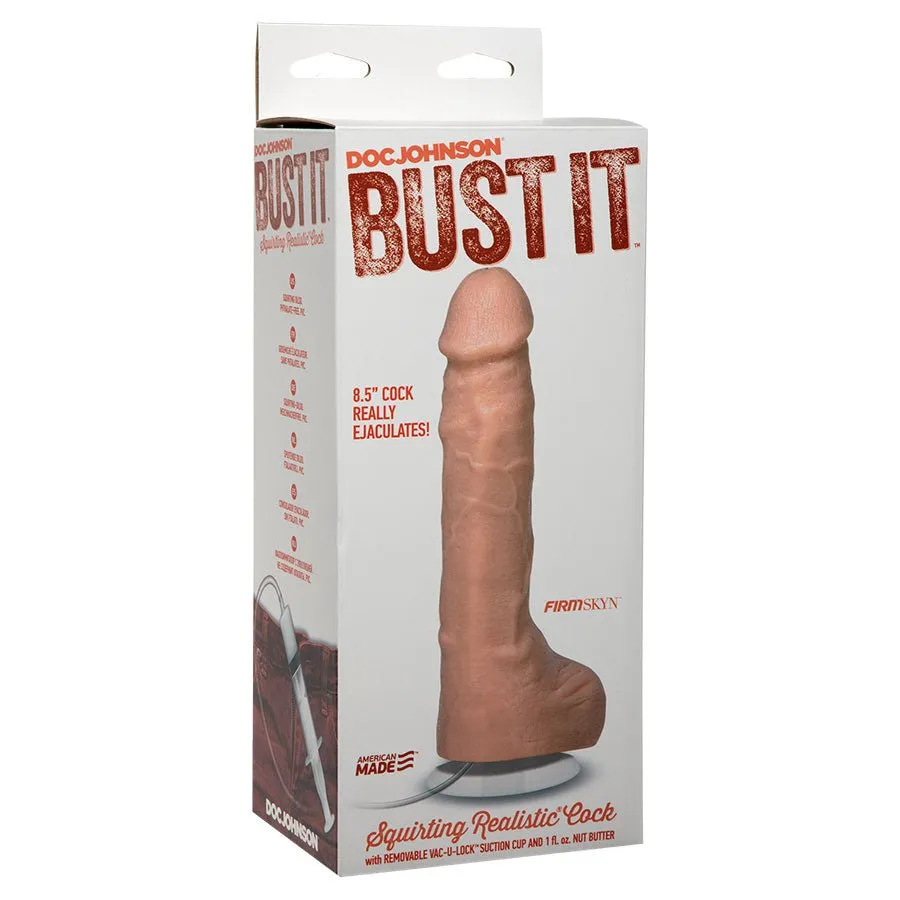Bust It 8.5 Inch Realistic Squirting Dildo with Balls (White/Black)