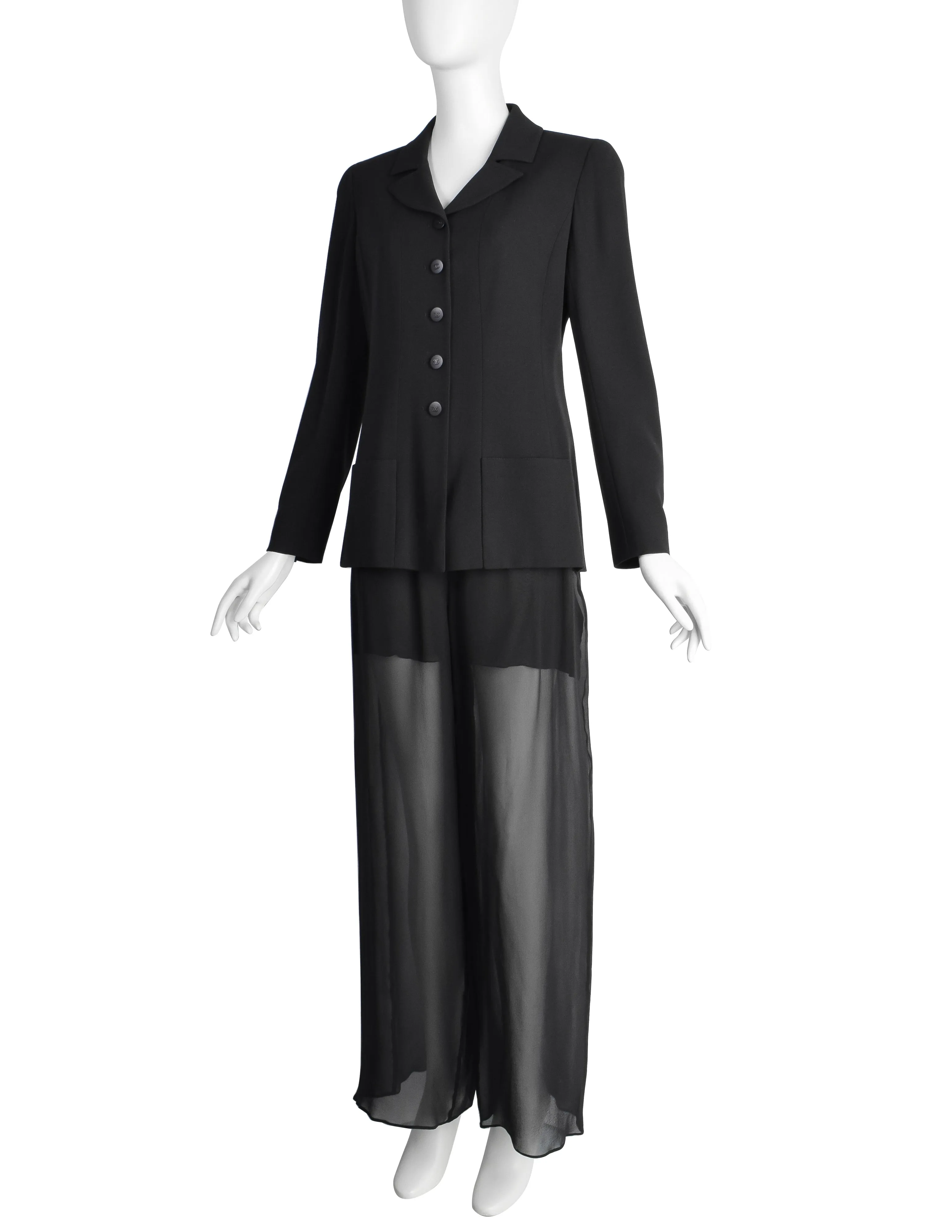 Chanel Vintage Cruise 1998 Black Jacket and Sheer Silk Chiffon Pants Suit