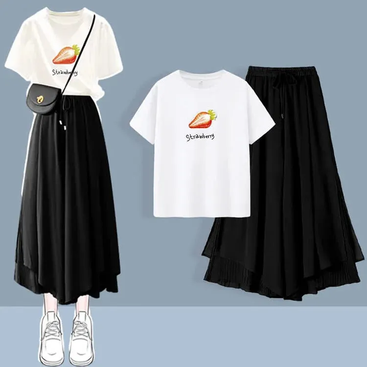 Chic Print T-Shirt Chiffon Split Wide Leg Pants Two Piece Set