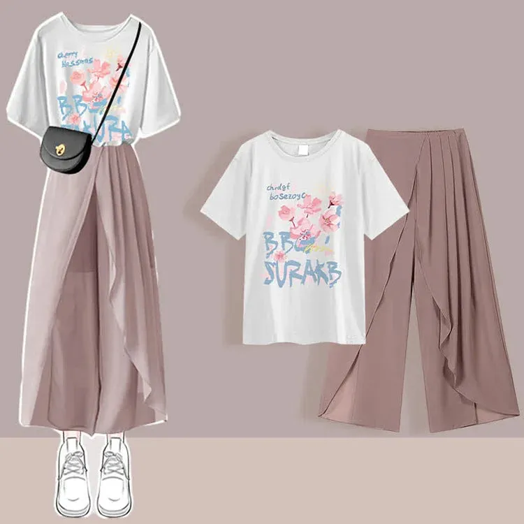 Chic Print T-Shirt Chiffon Wide Leg Pleated Split Pants Two Piece Set