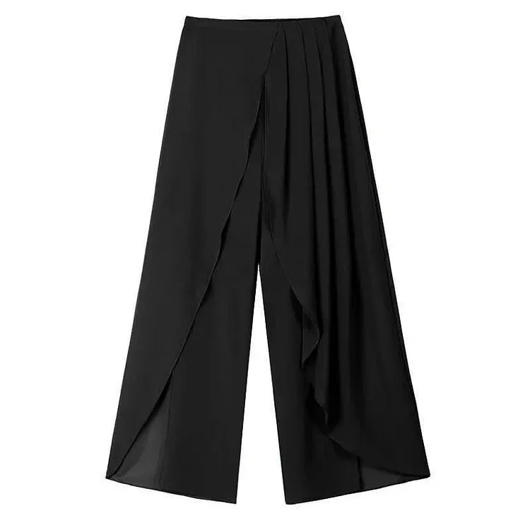 Chic Print T-Shirt Chiffon Wide Leg Pleated Split Pants Two Piece Set