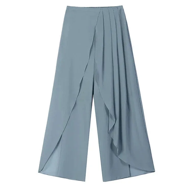 Chic Print T-Shirt Chiffon Wide Leg Pleated Split Pants Two Piece Set