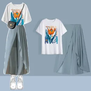 Chic Print T-Shirt Chiffon Wide Leg Pleated Split Pants Two Piece Set