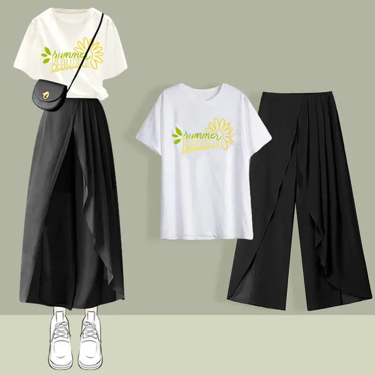 Chic Print T-Shirt Chiffon Wide Leg Pleated Split Pants Two Piece Set