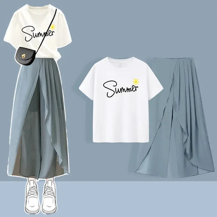 Chic Print T-Shirt Chiffon Wide Leg Pleated Split Pants Two Piece Set